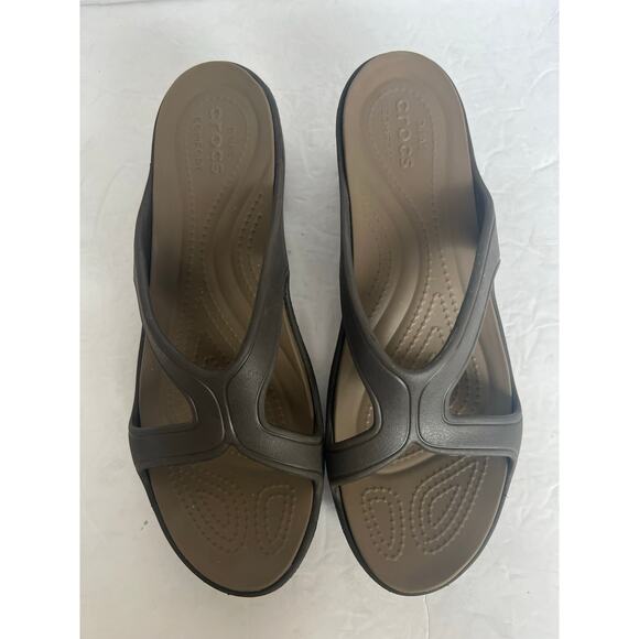 Crocs Dual Comfort Sanrah Brown Strap Wedge Slide Sandals Sz 10 - Picture 3 of 11